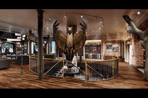 Interior of Harry Potter Store in New York showing a large eagle above a spiral staircase